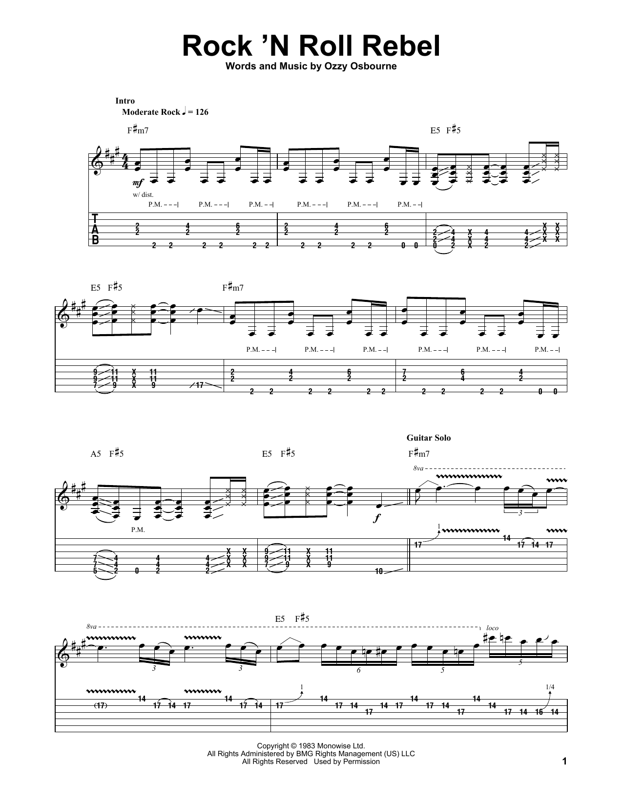 Ozzy Osbourne Rock 'N Roll Rebel sheet music notes and chords arranged for Guitar Tab (Single Guitar)