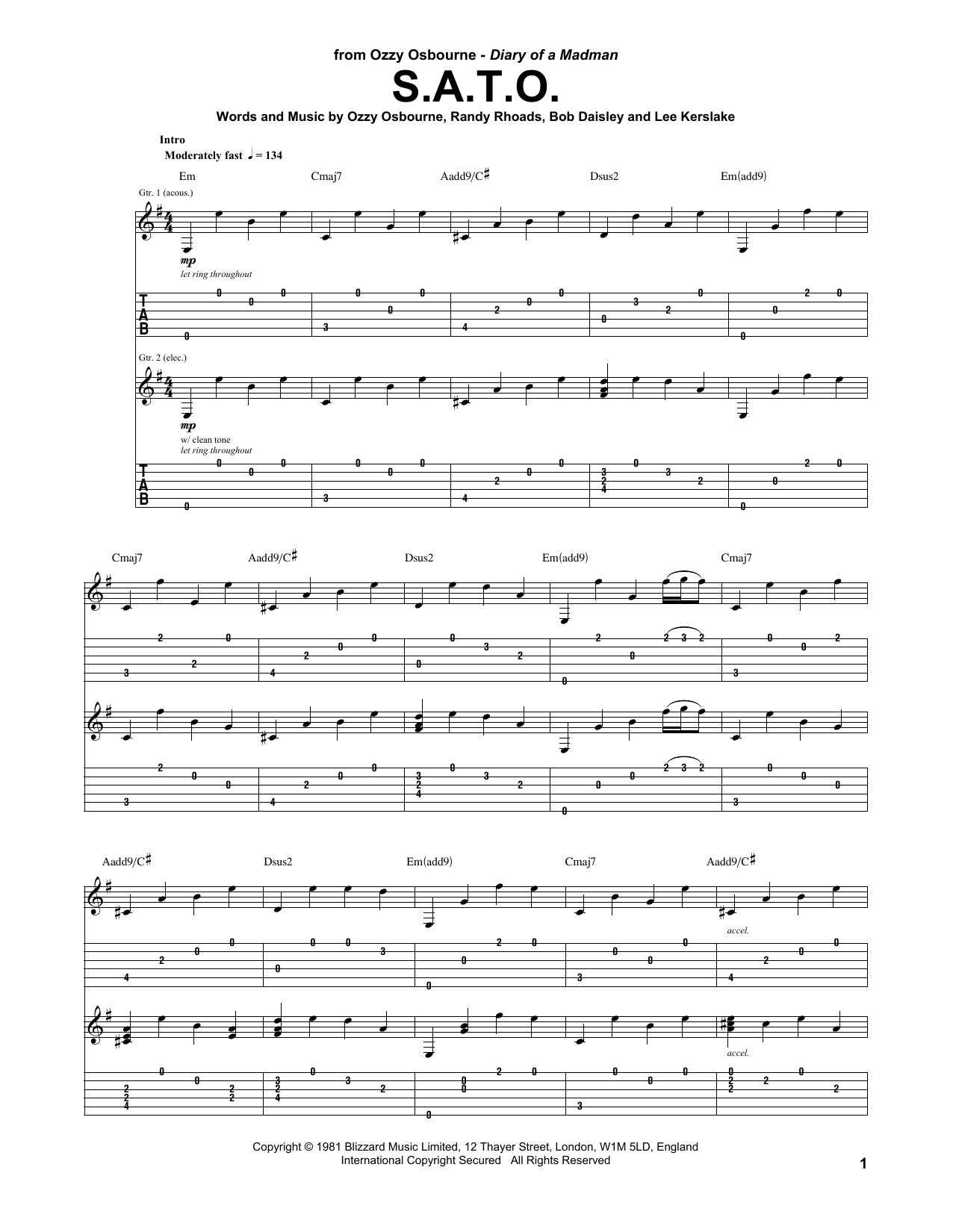 Ozzy Osbourne S.A.T.O. sheet music notes and chords arranged for Guitar Tab