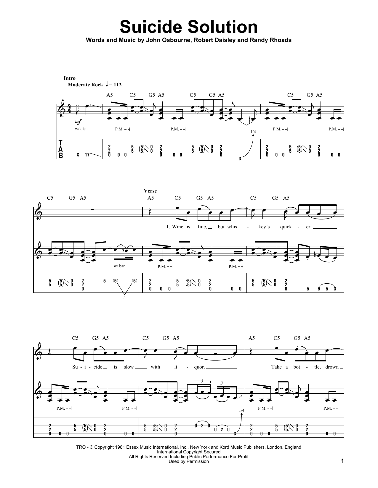 Ozzy Osbourne Suicide Solution sheet music notes and chords arranged for Guitar Tab