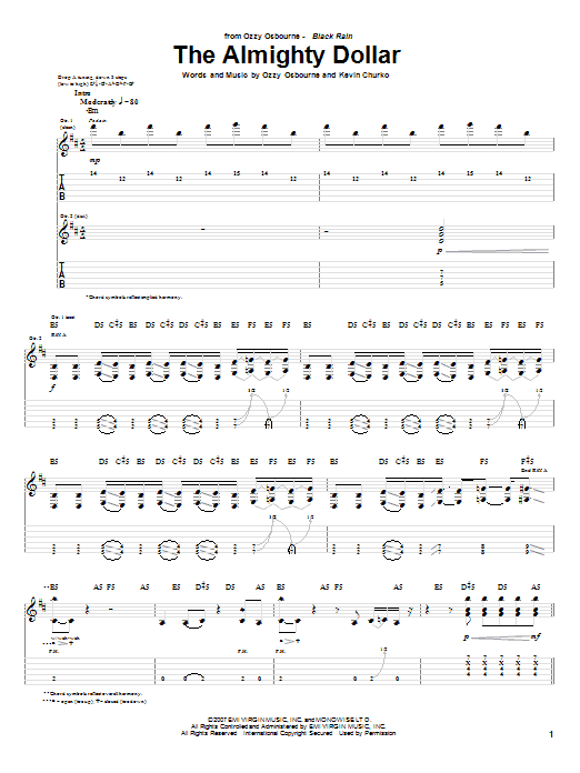 Ozzy Osbourne The Almighty Dollar sheet music notes and chords arranged for Guitar Tab