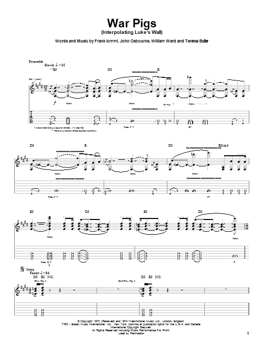 Ozzy Osbourne War Pigs (Interpolating Luke's Wall) sheet music notes and chords arranged for Guitar Tab