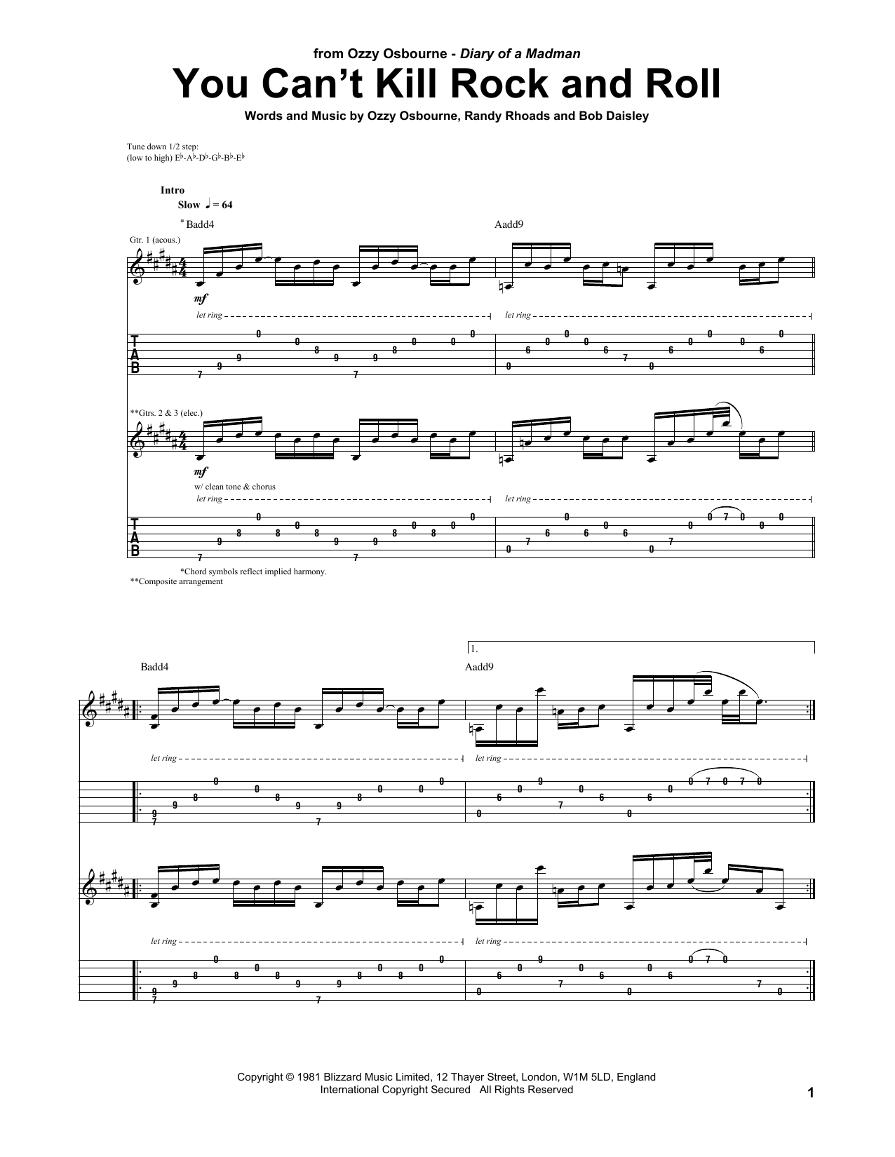 Ozzy Osbourne You Can't Kill Rock And Roll sheet music notes and chords arranged for Guitar Tab