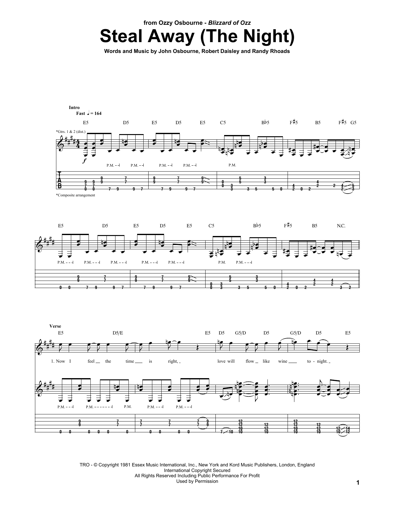 Ozzy Osbourne Steal Away (The Night) sheet music notes and chords arranged for Guitar Tab