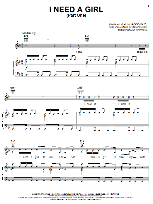 P. Diddy featuring Usher & Loon I Need A Girl (Part One) sheet music notes and chords arranged for Piano, Vocal & Guitar Chords (Right-Hand Melody)