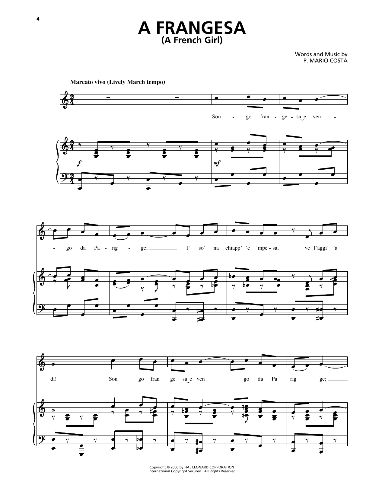 P. Mario Costa A Frangesa (A French Girl) sheet music notes and chords arranged for Piano, Vocal & Guitar Chords (Right-Hand Melody)