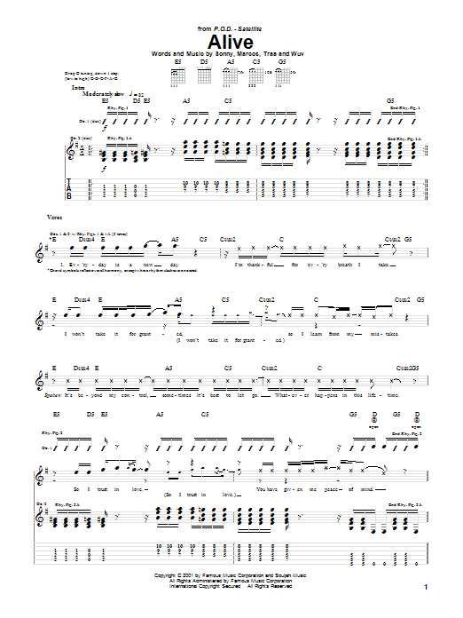 P.O.D. (Payable On Death) Alive sheet music notes and chords. Download Printable PDF.