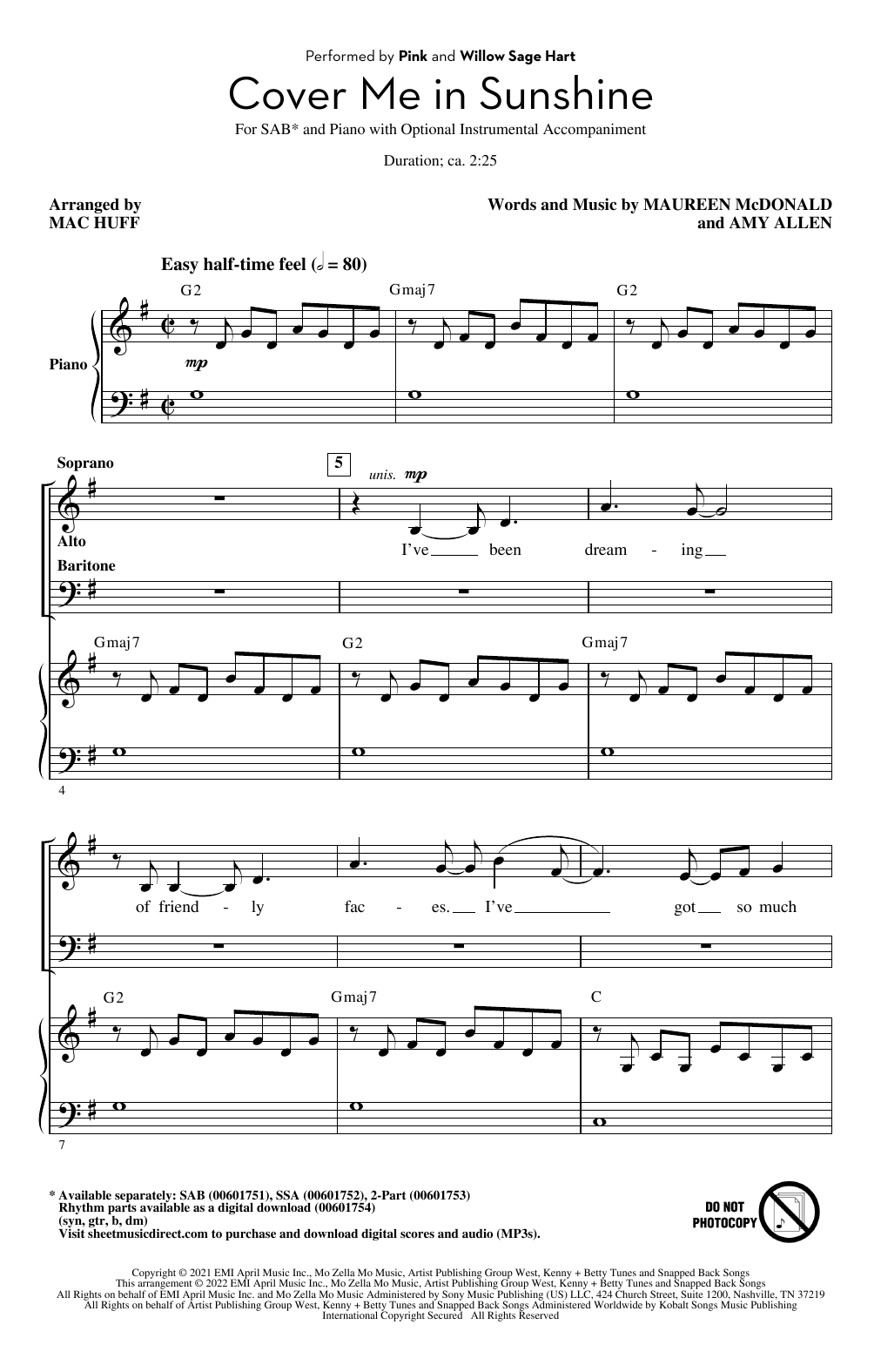P!nk & Willow Sage Hart Cover Me In Sunshine (arr. Mac Huff) sheet music notes and chords arranged for SAB Choir