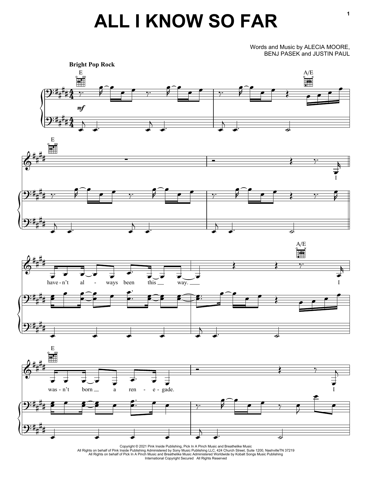 P!nk All I Know So Far sheet music notes and chords arranged for Piano, Vocal & Guitar Chords (Right-Hand Melody)