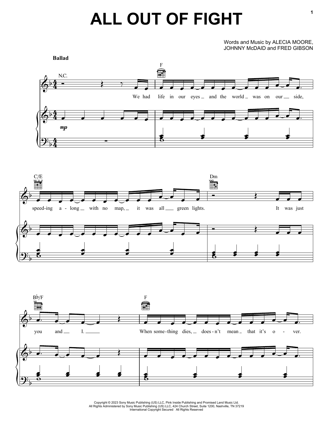P!nk All Out Of Fight sheet music notes and chords arranged for Piano, Vocal & Guitar Chords (Right-Hand Melody)