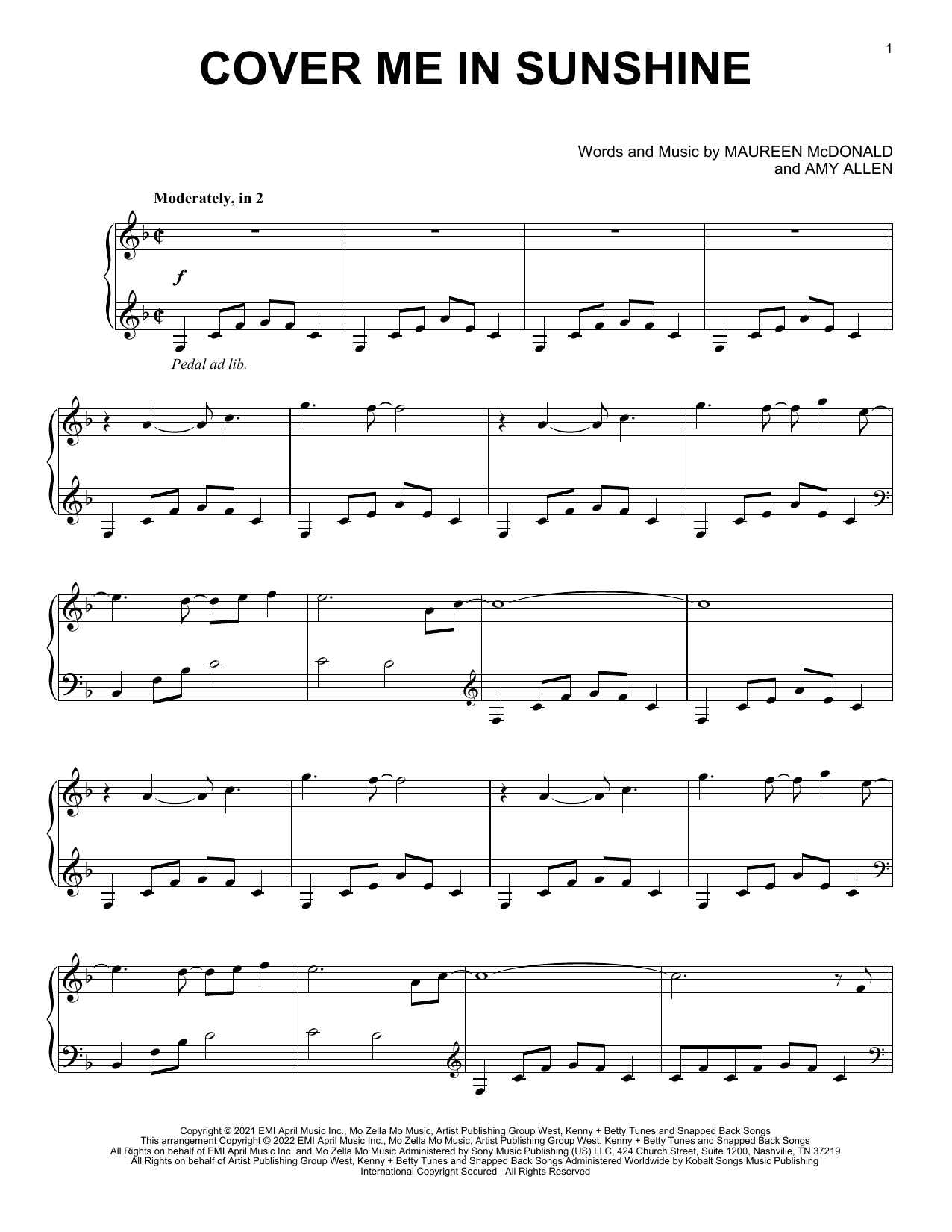 P!nk and Willow Sage Hart Cover Me In Sunshine sheet music notes and chords arranged for Piano Solo