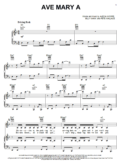 Pink Ave Mary A sheet music notes and chords arranged for Piano, Vocal & Guitar Chords (Right-Hand Melody)