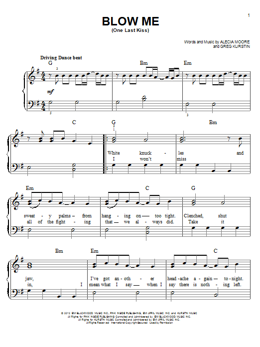 Pink Blow Me (One Last Kiss) sheet music notes and chords arranged for Ukulele Chords/Lyrics