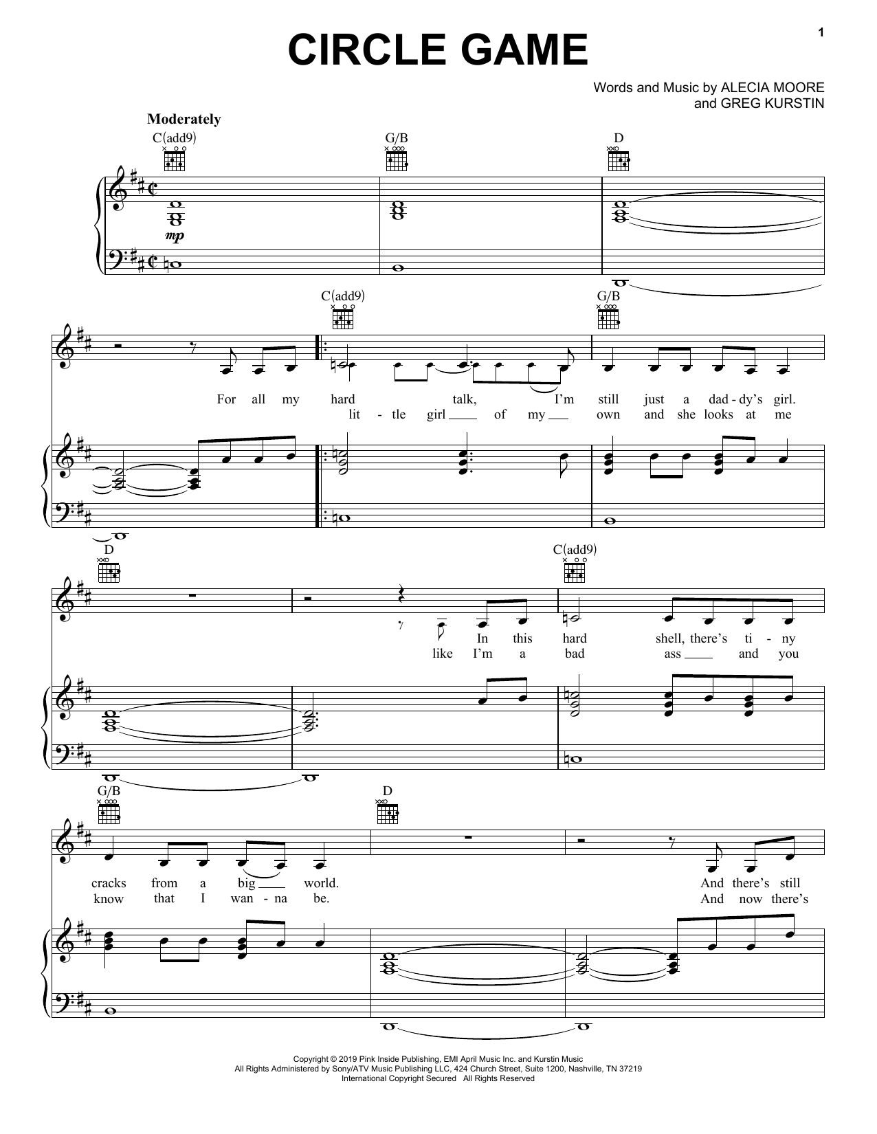 Pink Circle Game sheet music notes and chords arranged for Piano, Vocal & Guitar Chords (Right-Hand Melody)