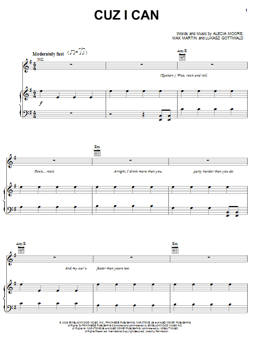Pink Cuz I Can sheet music notes and chords arranged for Piano, Vocal & Guitar Chords (Right-Hand Melody)