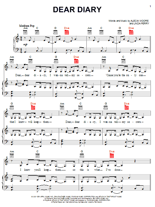 Pink Dear Diary sheet music notes and chords arranged for Piano, Vocal & Guitar Chords (Right-Hand Melody)