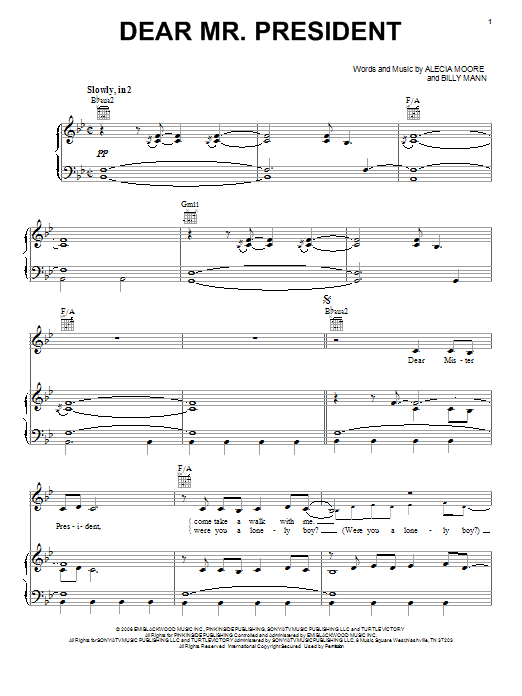 Pink Dear Mr. President sheet music notes and chords arranged for Piano, Vocal & Guitar Chords (Right-Hand Melody)