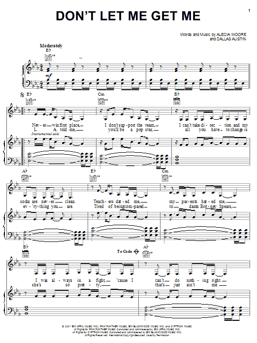 Pink Don't Let Me Get Me sheet music notes and chords arranged for Piano, Vocal & Guitar Chords (Right-Hand Melody)