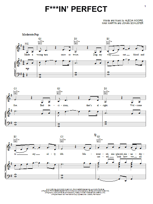 Pink F**kin' Perfect sheet music notes and chords arranged for Piano, Vocal & Guitar Chords (Right-Hand Melody)