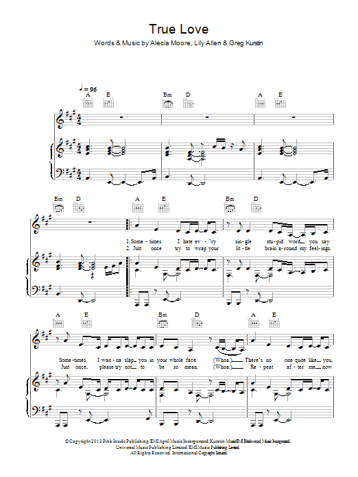 P!nk feat. Lily Allen True Love sheet music notes and chords arranged for Piano, Vocal & Guitar Chords