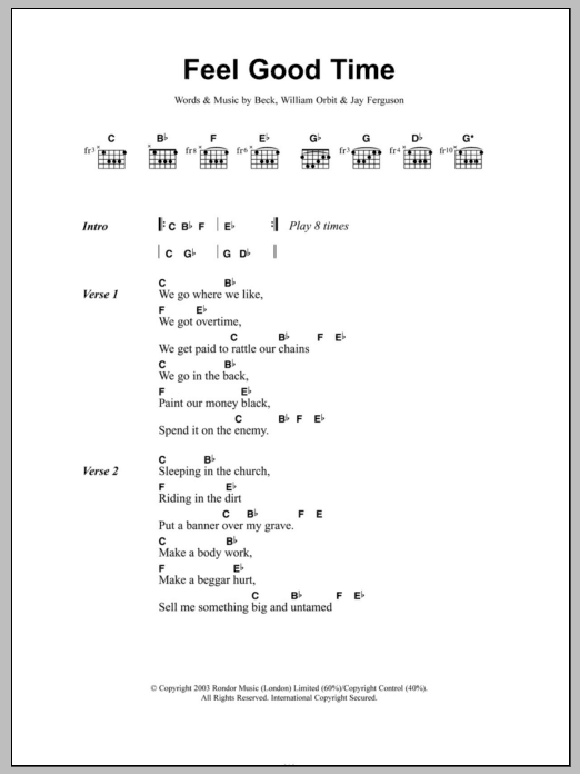 Pink Feel Good Time sheet music notes and chords arranged for Guitar Chords/Lyrics