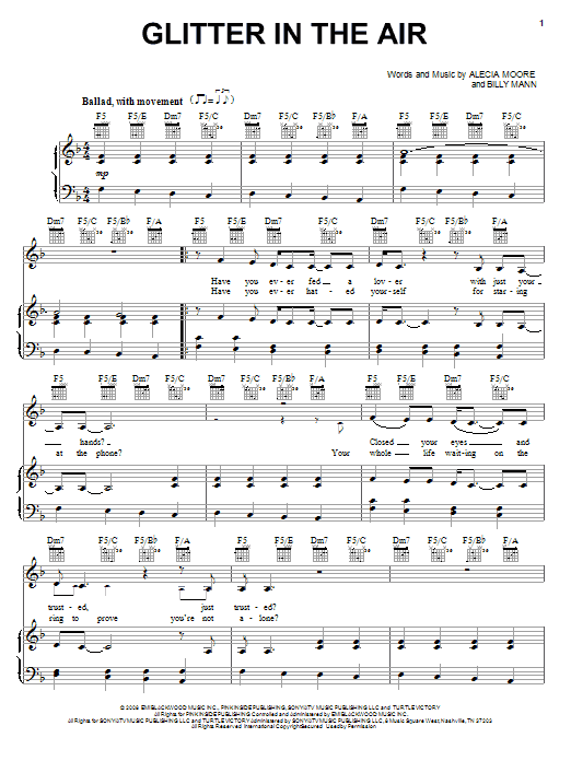 Pink Glitter In The Air sheet music notes and chords arranged for Piano, Vocal & Guitar Chords (Right-Hand Melody)