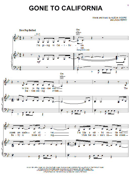 Pink Gone To California sheet music notes and chords arranged for Piano, Vocal & Guitar Chords (Right-Hand Melody)