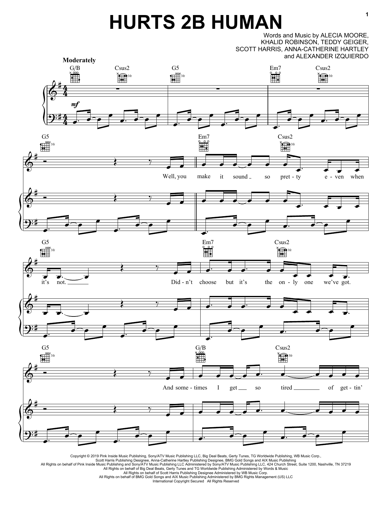 Pink Hurts 2B Human (feat. Khalid) sheet music notes and chords arranged for Piano, Vocal & Guitar Chords (Right-Hand Melody)