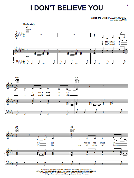 Pink I Don't Believe You sheet music notes and chords arranged for Piano, Vocal & Guitar Chords (Right-Hand Melody)