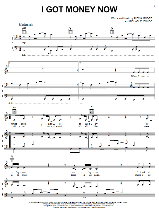Pink I Got Money Now sheet music notes and chords arranged for Piano, Vocal & Guitar Chords (Right-Hand Melody)