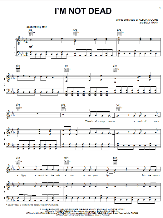 Pink I'm Not Dead sheet music notes and chords arranged for Piano, Vocal & Guitar Chords (Right-Hand Melody)