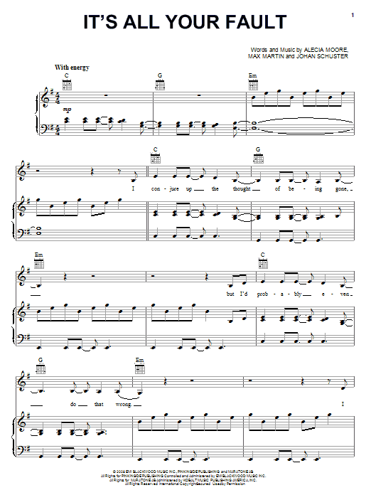 Pink It's All Your Fault sheet music notes and chords arranged for Piano, Vocal & Guitar Chords (Right-Hand Melody)
