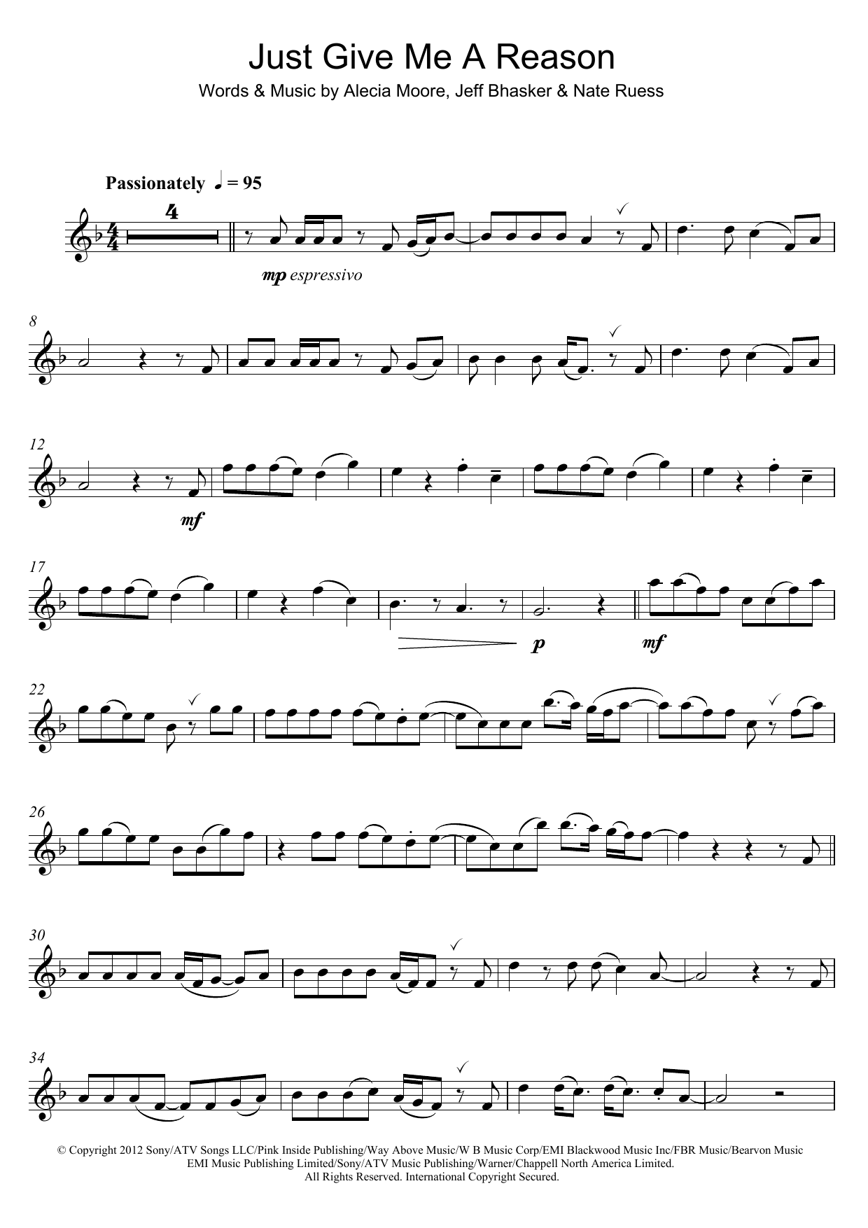 Pink Just Give Me A Reason (featuring Nate Ruess) sheet music notes and chords arranged for Flute Solo