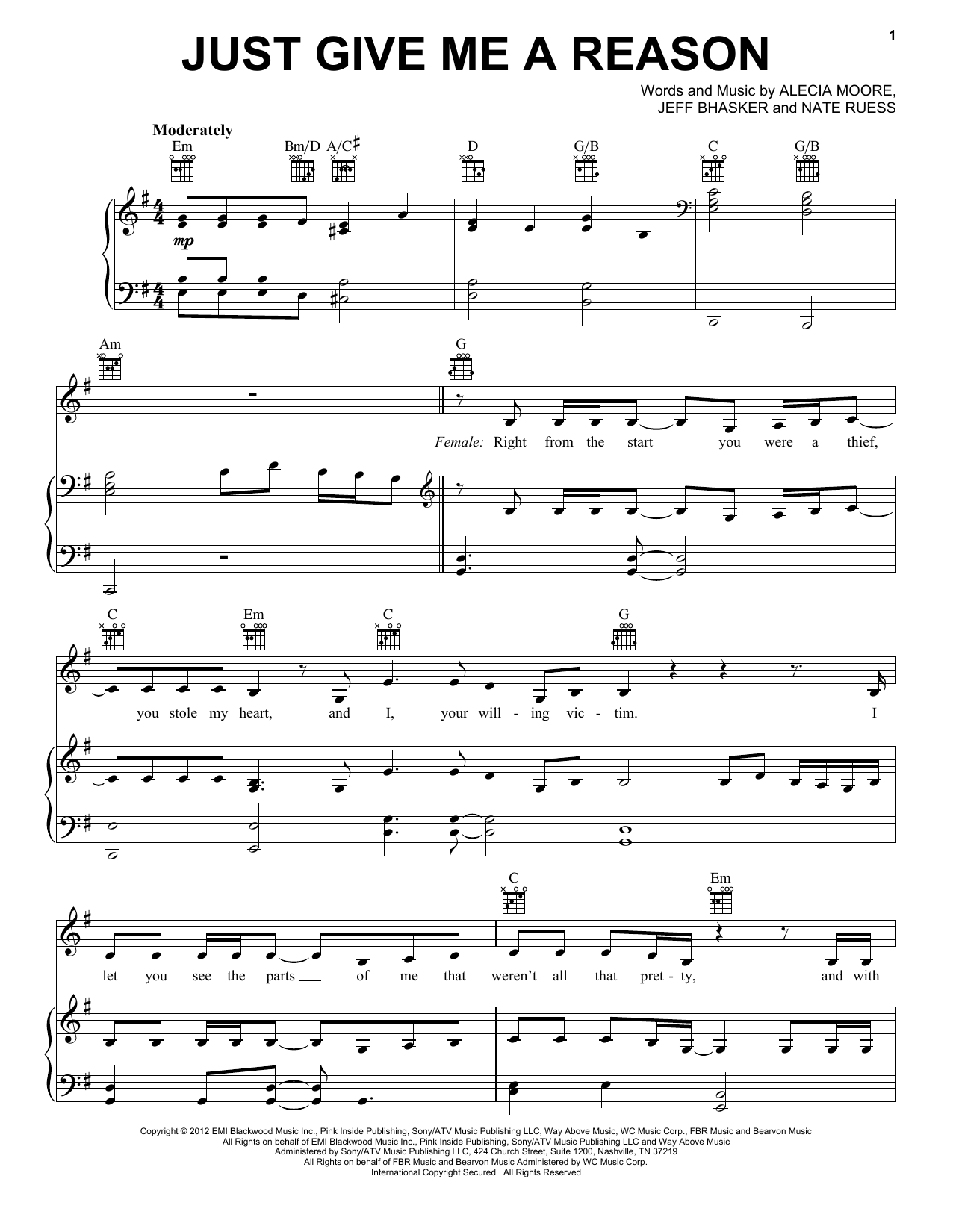 Pink Just Give Me A Reason sheet music notes and chords arranged for Piano, Vocal & Guitar Chords (Right-Hand Melody)