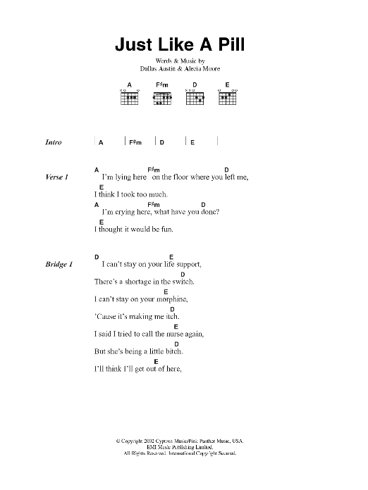 Pink Just Like A Pill sheet music notes and chords arranged for Guitar Chords/Lyrics