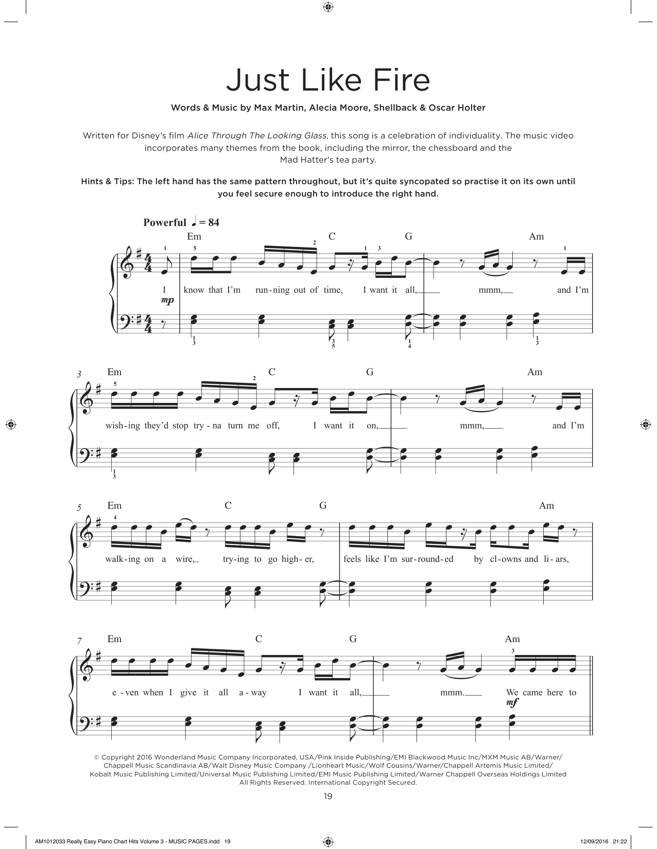 P!nk Just Like Fire (from Alice Through The Looking Glass) sheet music notes and chords arranged for Really Easy Piano