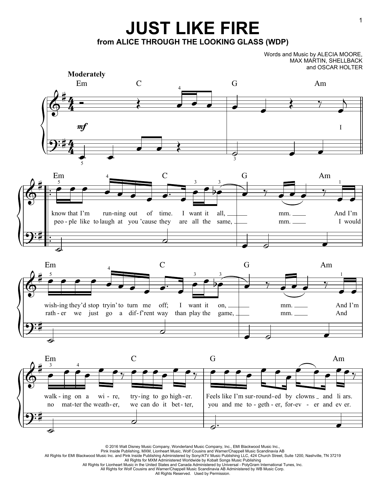 Pink Just Like Fire sheet music notes and chords arranged for Piano, Vocal & Guitar Chords