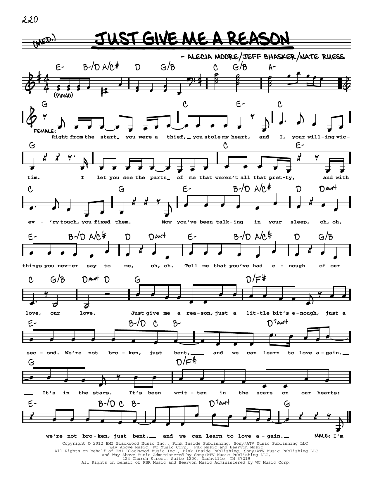 P!nk Just Give Me A Reason (feat. Nate Ruess) sheet music notes and chords arranged for Real Book – Melody, Lyrics & Chords