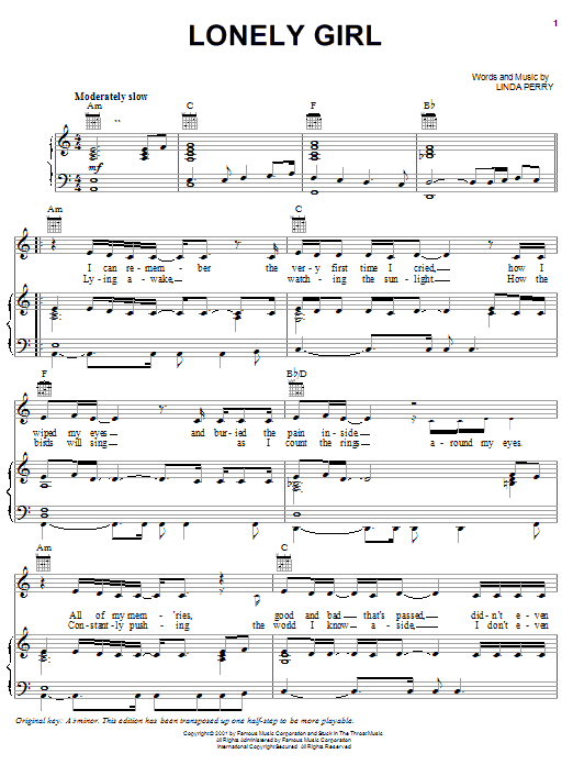 Pink Lonely Girl sheet music notes and chords arranged for Piano, Vocal & Guitar Chords (Right-Hand Melody)