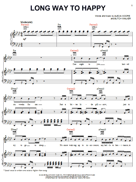 Pink Long Way To Happy sheet music notes and chords arranged for Piano, Vocal & Guitar Chords (Right-Hand Melody)