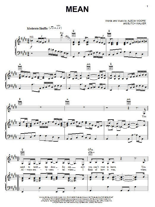 Pink Mean sheet music notes and chords arranged for Piano, Vocal & Guitar Chords (Right-Hand Melody)