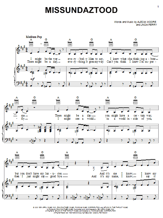 Pink Missundaztood sheet music notes and chords arranged for Piano, Vocal & Guitar Chords (Right-Hand Melody)
