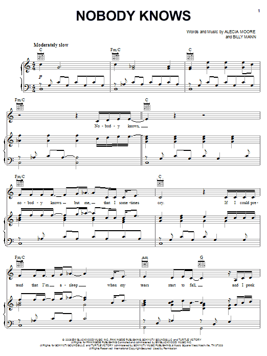 Pink Nobody Knows sheet music notes and chords arranged for Piano, Vocal & Guitar Chords (Right-Hand Melody)