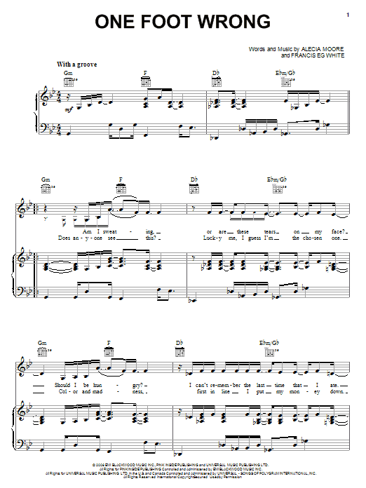 Pink One Foot Wrong sheet music notes and chords arranged for Piano, Vocal & Guitar Chords (Right-Hand Melody)