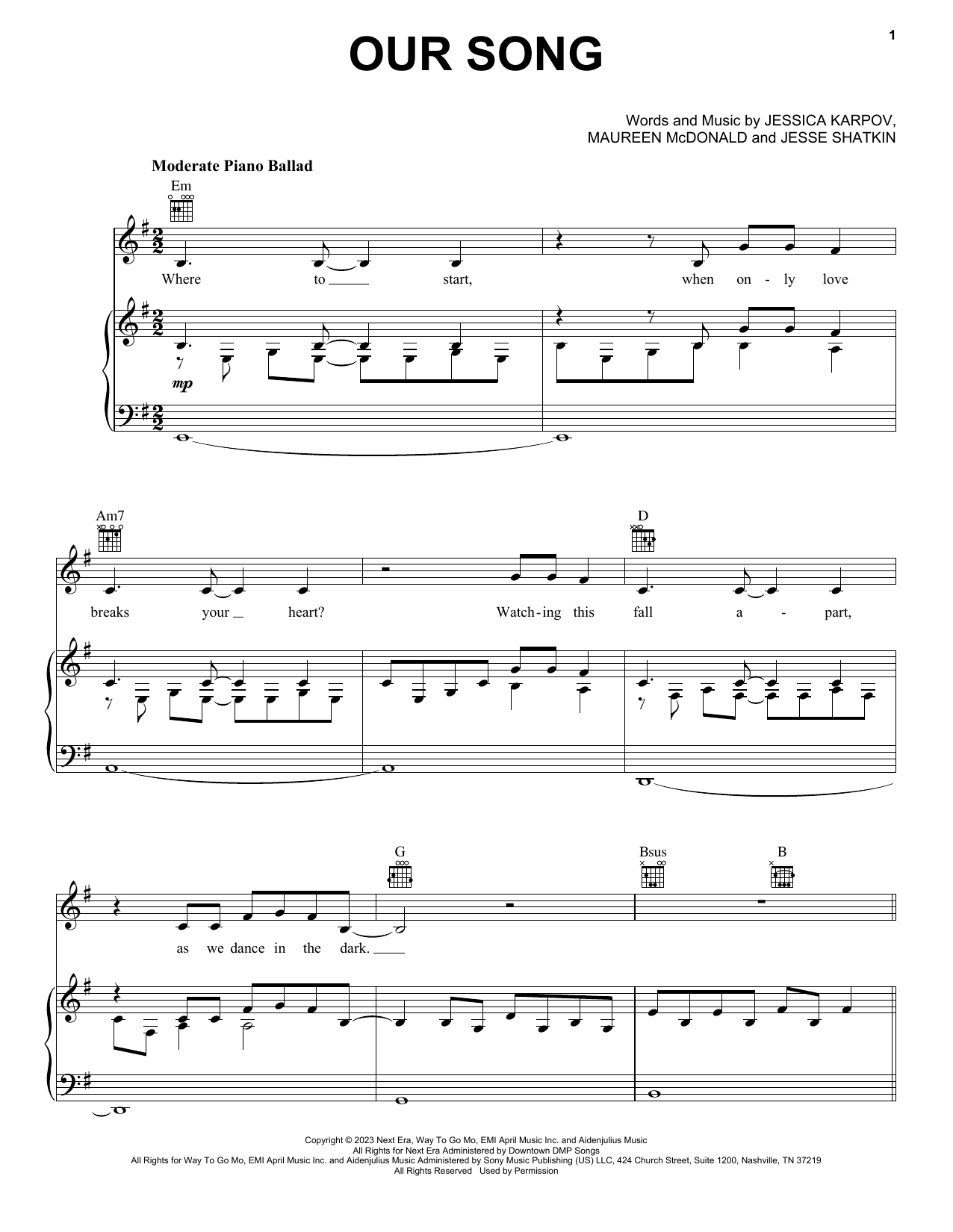 P!nk Our Song sheet music notes and chords arranged for Piano, Vocal & Guitar Chords (Right-Hand Melody)