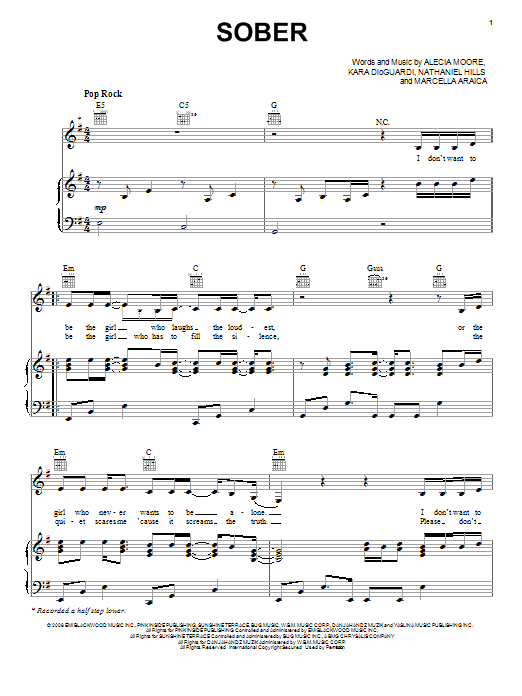 Pink Sober sheet music notes and chords arranged for Piano, Vocal & Guitar Chords (Right-Hand Melody)