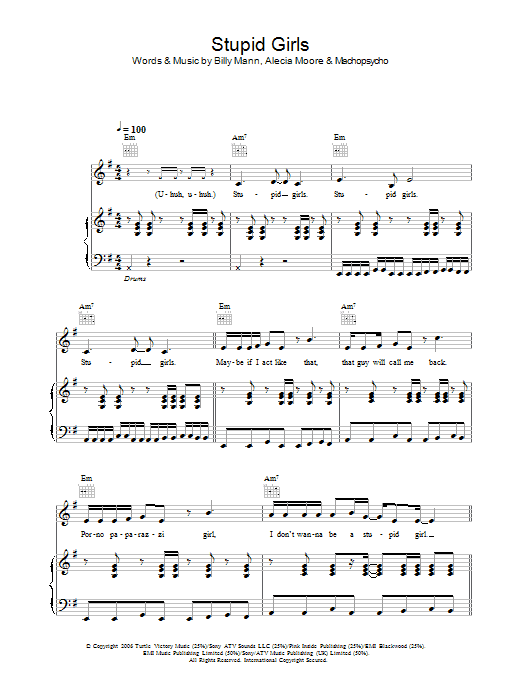 Pink Stupid Girls sheet music notes and chords arranged for Piano, Vocal & Guitar Chords (Right-Hand Melody)