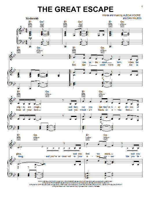 Pink The Great Escape sheet music notes and chords arranged for Piano, Vocal & Guitar Chords (Right-Hand Melody)
