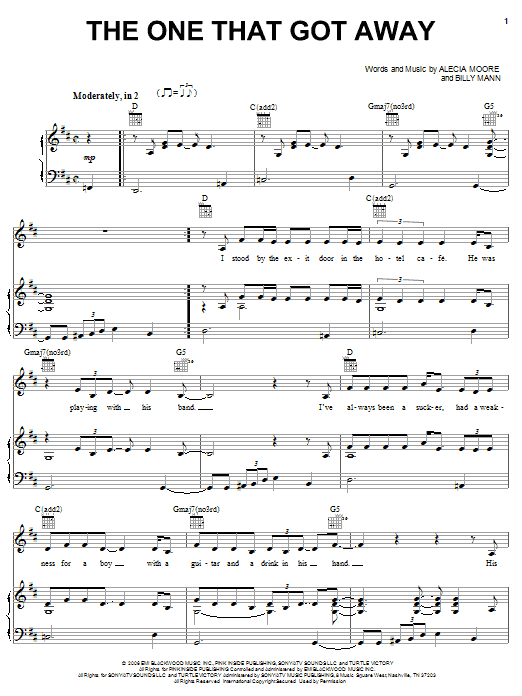 Pink The One That Got Away sheet music notes and chords arranged for Piano, Vocal & Guitar Chords (Right-Hand Melody)