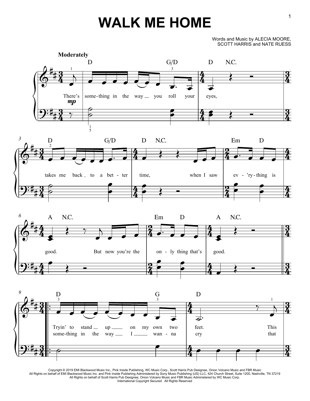 P!nk Walk Me Home sheet music notes and chords arranged for Easy Piano