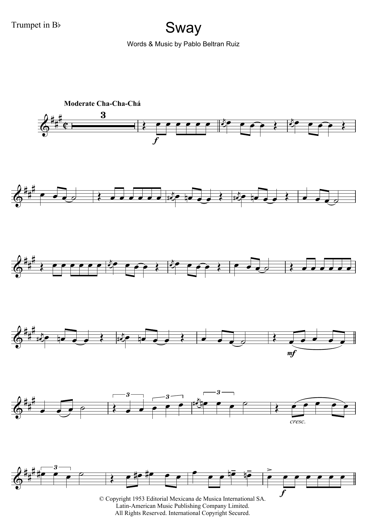 Pablo Beltran Ruiz Sway (Quien Sera) sheet music notes and chords arranged for Tenor Sax Solo